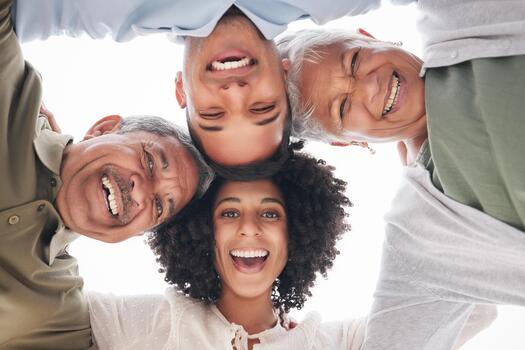 excited portrait and a family with a huddle in nature for summer bonding and fun together low laughing and senior parents with a young man and woman with love care and community at the beach photo